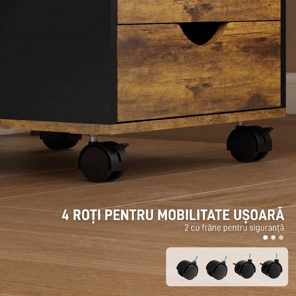 HOMCOM Comodă de Birou cu 5 Sertare și Roți Pivotante cu Frâne, 40x40x67 cm, Maro Rustic | Aosom Romania