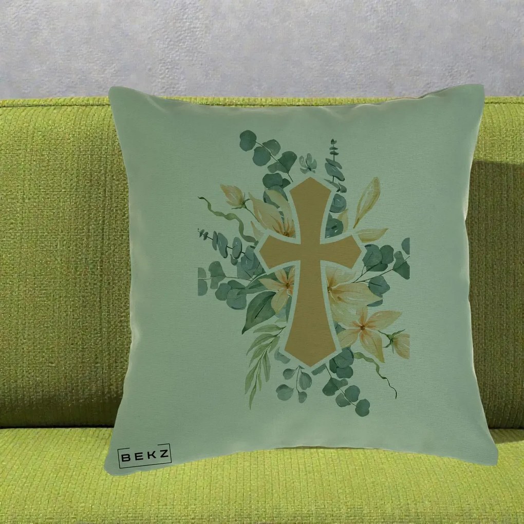 Perna Personalizata Cruce Florala Botez, 40x40 cm, Verde, Husa Detasabila, Perna Inclusa, BEKZ®