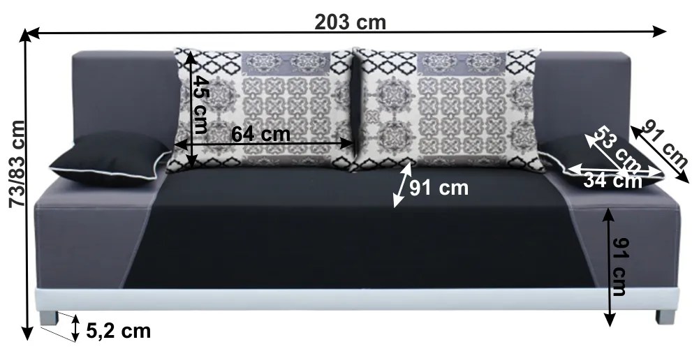 Canapea extensibila , cu lada depozitare , 203 cm lungime, stofa gri negru ,perne  gri cu model