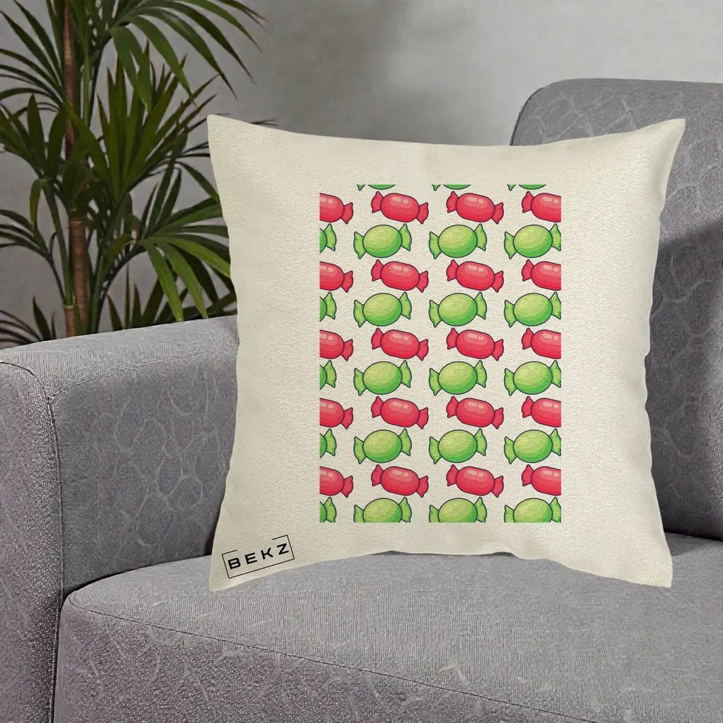 Perna Decorativa Bomboane Craciun Pattern, 40x40 cm, Ecru, Husa Detasabila, Perna Inclusa, BEKZ®
