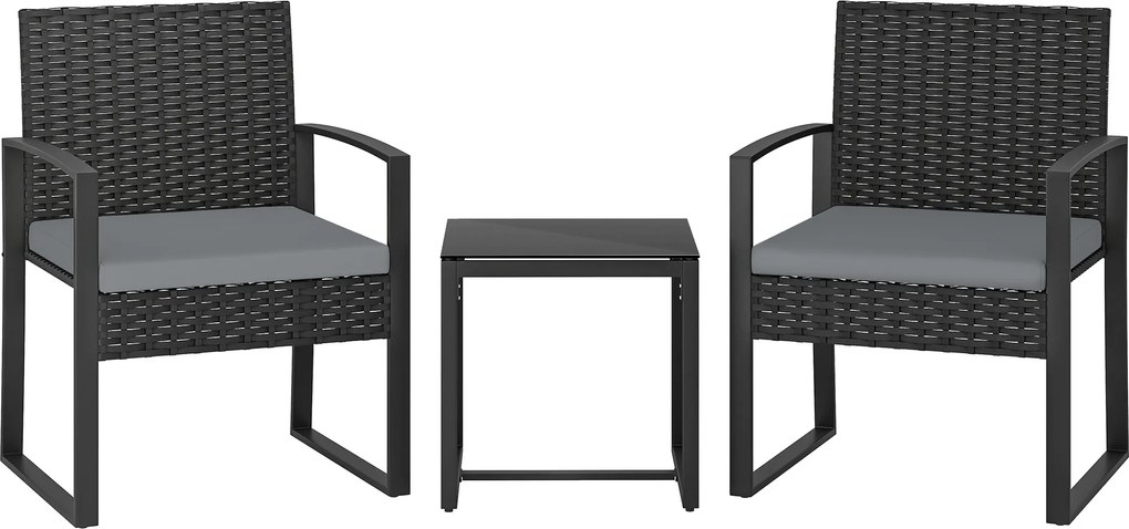 Outsunny Set de Mobilier pentru Grădină din Ratan Sintetic cu 2 Scaune cu Perne Detașabile și Masă cu Blat de Sticlă, Gri | Aosom Romania