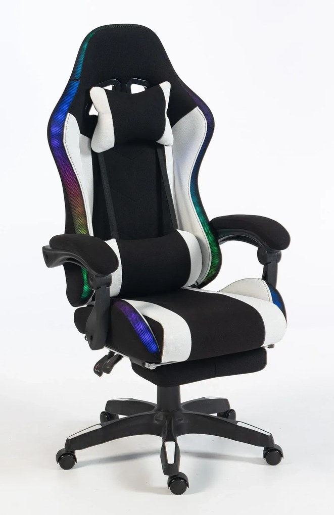 RESIGILAT- ALFORD Scaun gaming cu Masaj in 5 puncte, Perna lombara cu Masaj, Sistem iluminare banda LED RGB, Boxe Bluetooth, suport picioare, textil, Negru