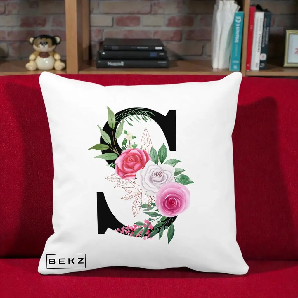 Cadou Personalizat - Perna Personalizata Monograma Florala Litera S, 40x40 cm, Alba Mata, Husa Detasabila, Perna Inclusa, BEKZ®