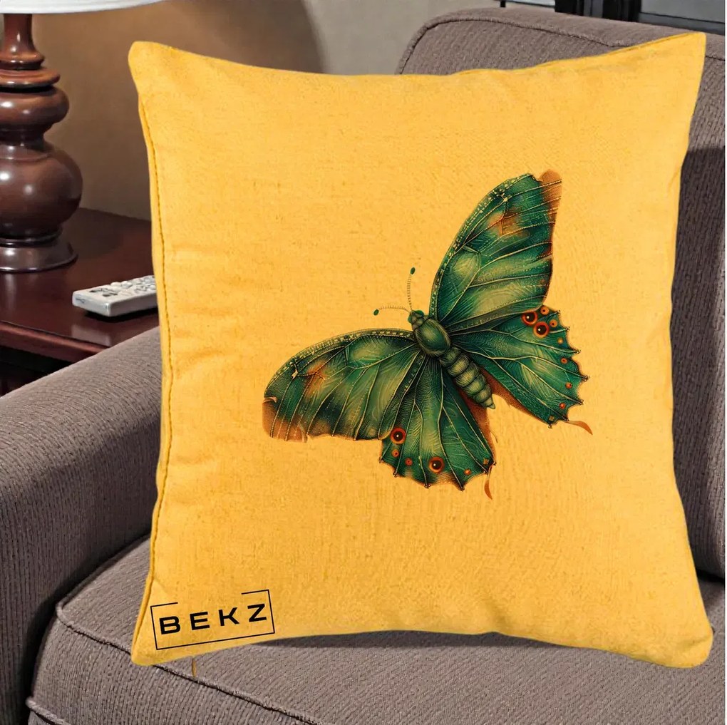 Perna Decorativa Fluture Albastru Satin cu Pete Aurii, 40x40 cm, Galben, Husa Detasabila, Perna Inclusa, BEKZ®
