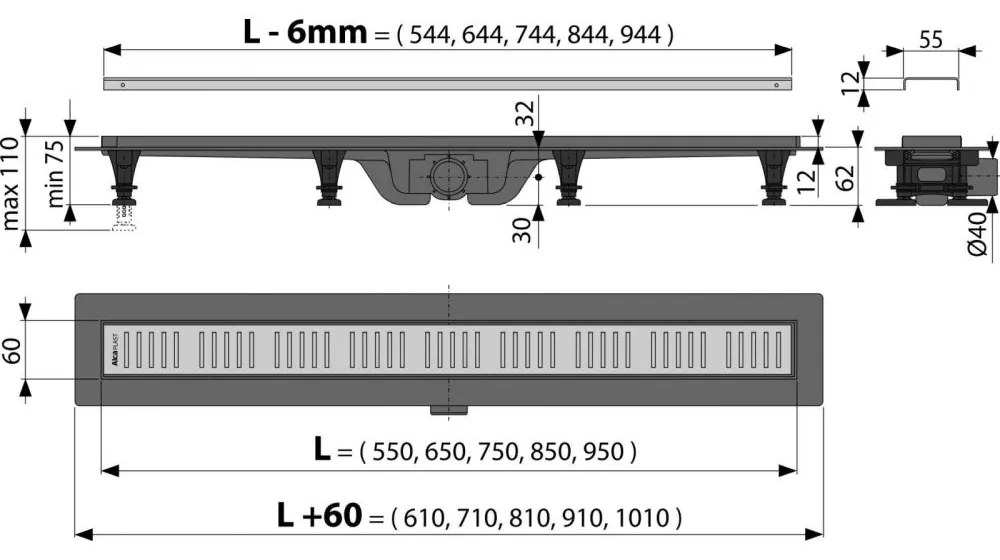 Dus de dus Simple 95 cm, cu margine pentru grila perforata, inclusiv grila, mat din otel inoxidabil 950 mm