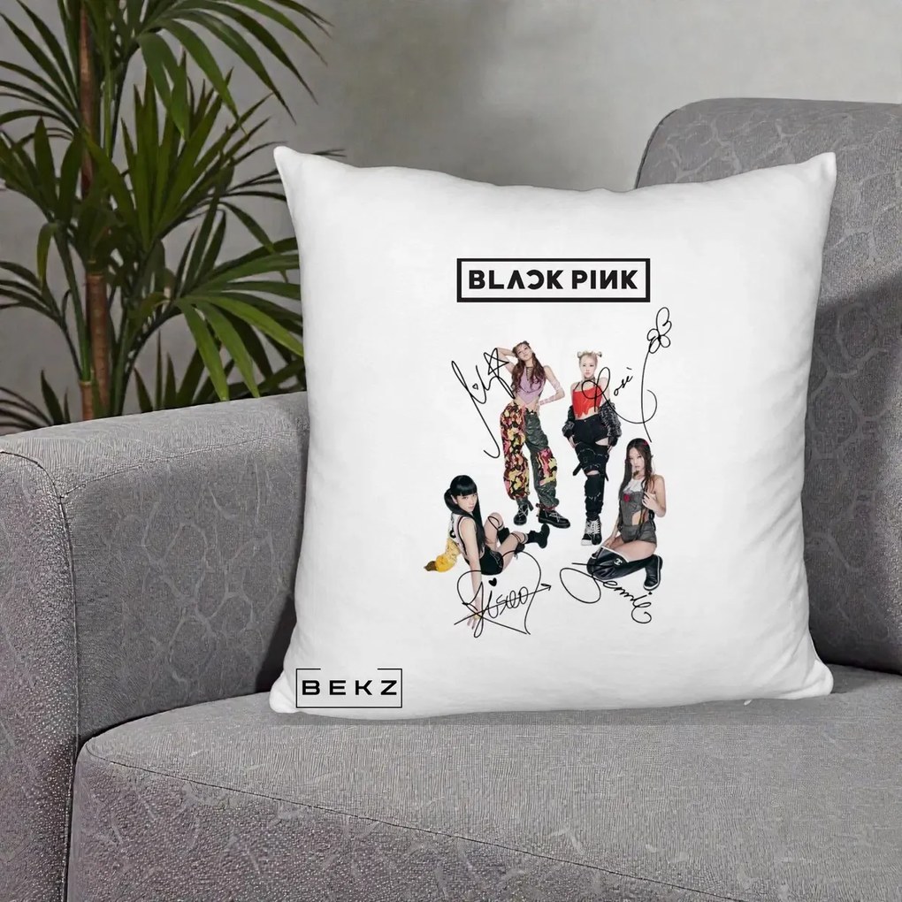 Perna Personalizata K-pop BLACKPINK Fotografie Grup Autografe Toate Membre, 40x40 cm, Alb Pufos, Husa Detasabila, Perna Inclusa, BEKZ®