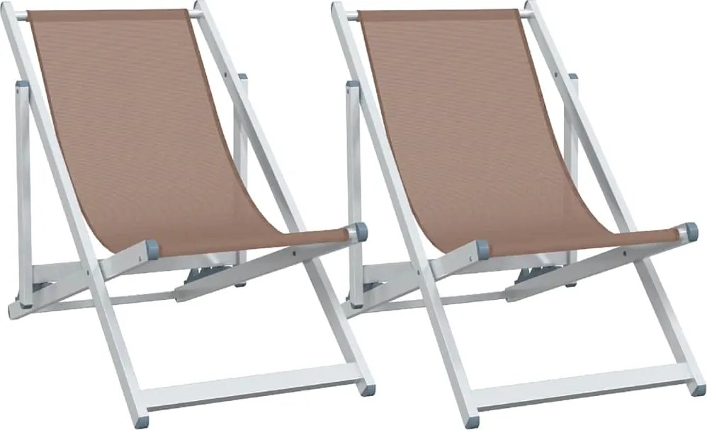 vidaXL Scaune pliante de plajă, 2 buc., maro, aluminiu și textilenă