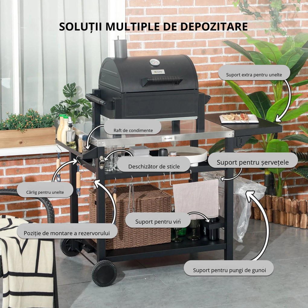 Outsunny Carucior Masa pentru Gratar cu Masa Laterala Pliabila, Blat din Otel Inoxidabil, Carucior Portabil pentru Gratar cu 2 Roti, 6 Carlige