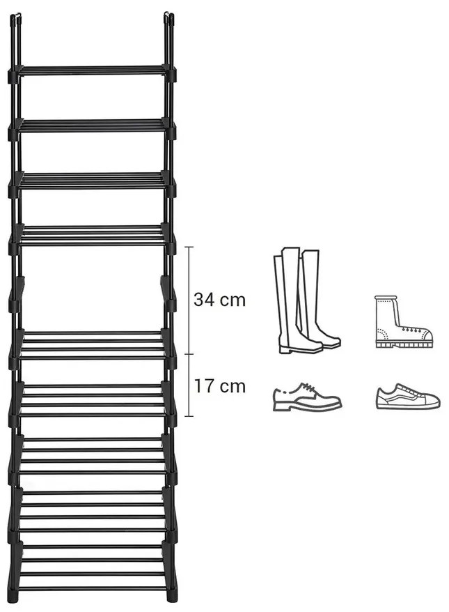 Raft stivuibil pentru încălțăminte TUBE, 10 polițe, 45x30x174cm, negru SongmicsHome