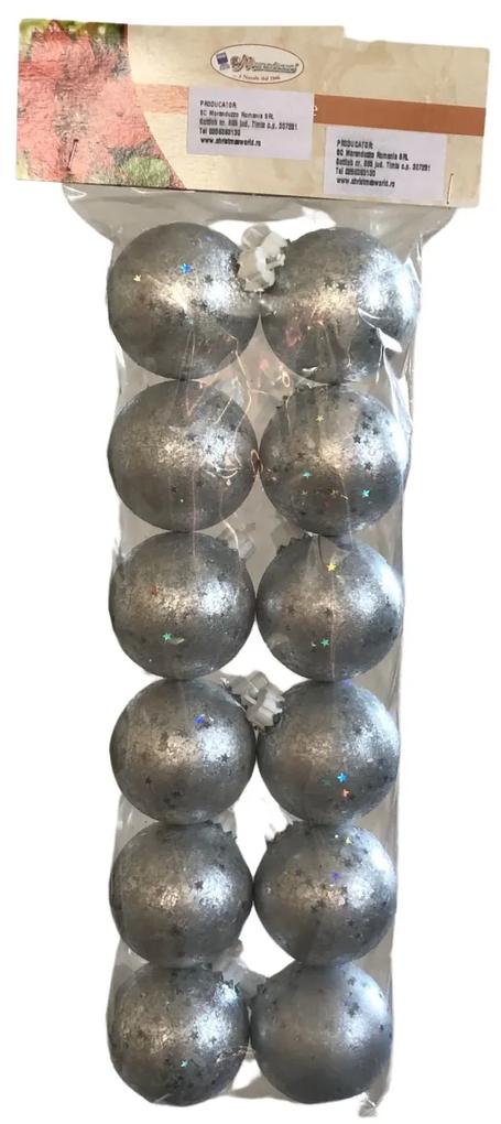 Set 12 globuri 50 mm decor argintiu cu fulgi glitter si stele
