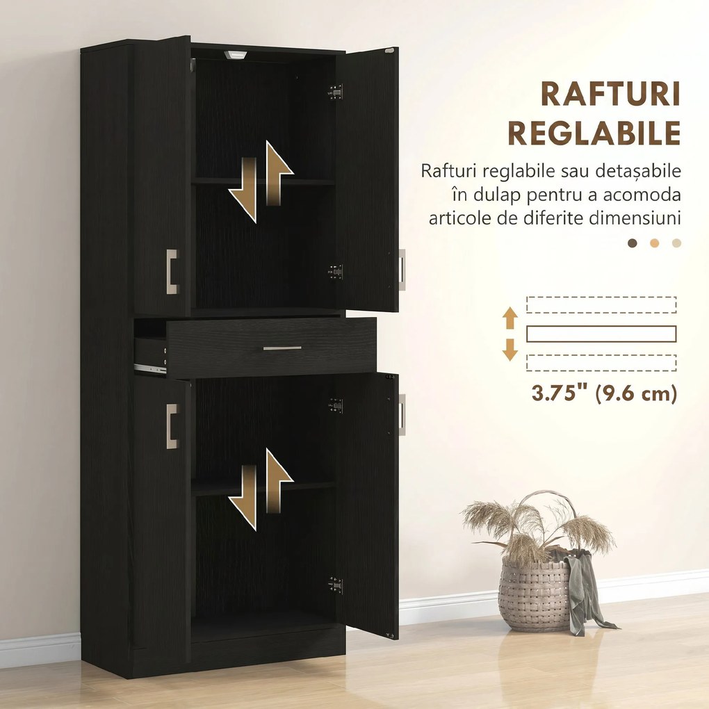 HOMCOM Dulap Bucătărie Înalt cu 4 Uși, Sertar Mare, Polițe Reglabile, 70,8 x 34 x 180 Cm, Negru | Aosom Romania