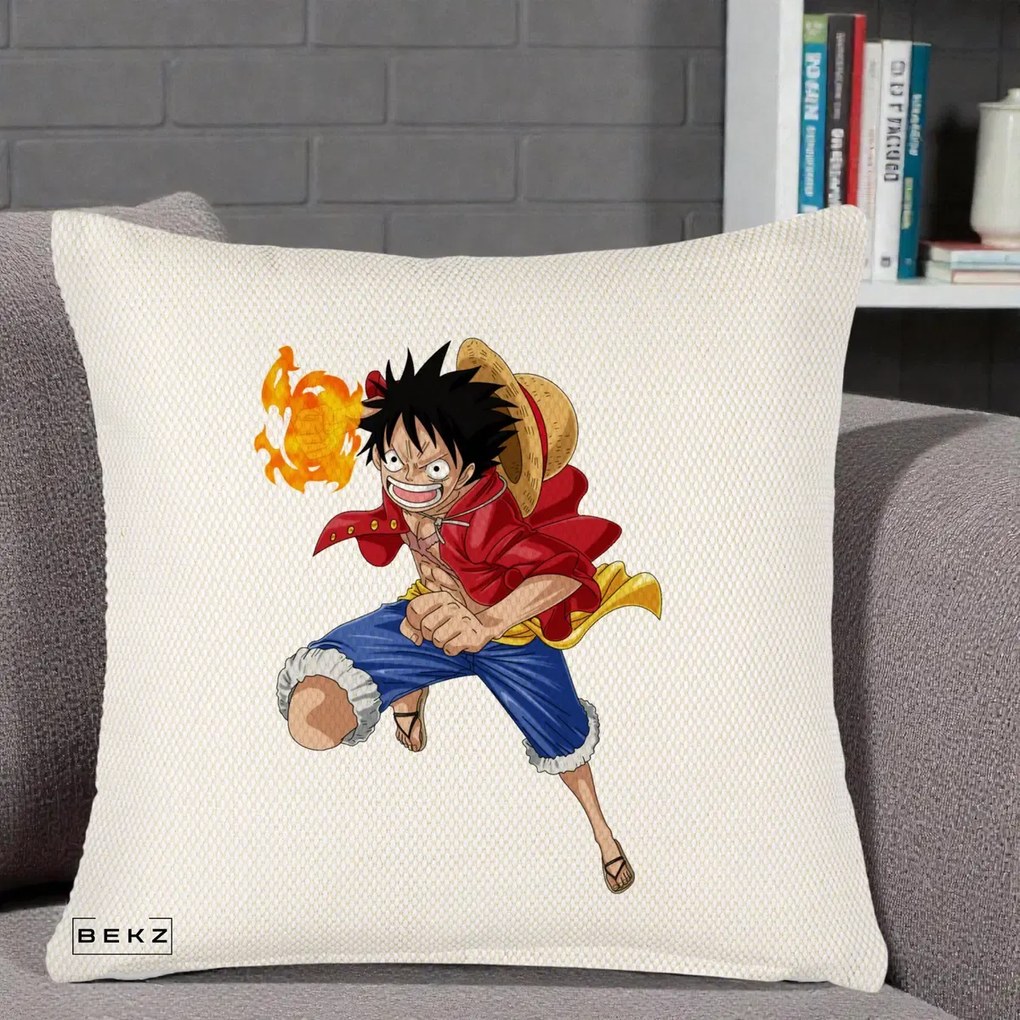 Perna Personalizata One Piece Luffy Gear Second Foc, 40x40 cm, Crem Reliefat, Husa Detasabila, Perna Inclusa, BEKZ®