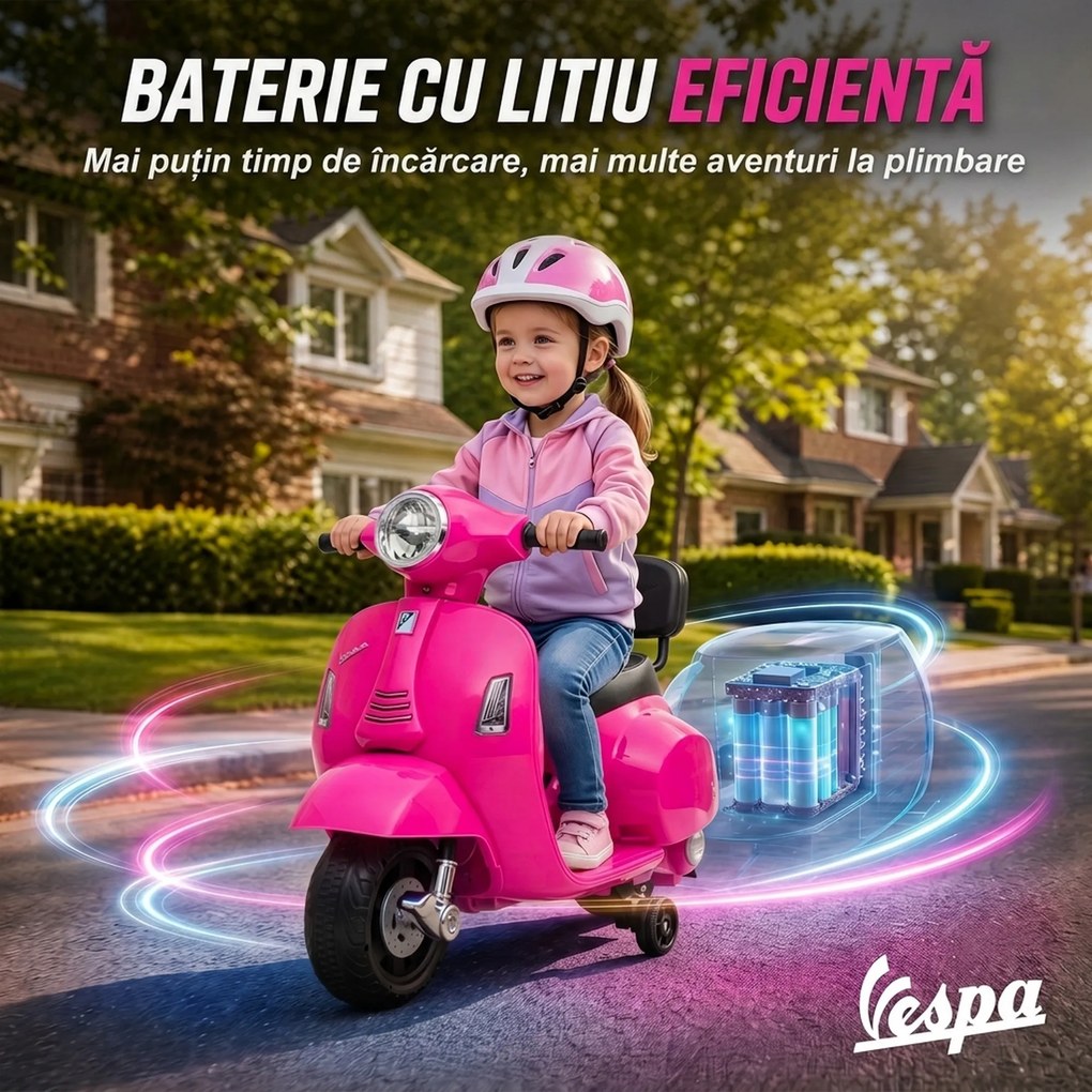 AIYAPLAY Motocicletă Electrică pentru Copii 1,5-3 Ani Mini Vespa Gts 7,2V, Roz | Aosom Romania