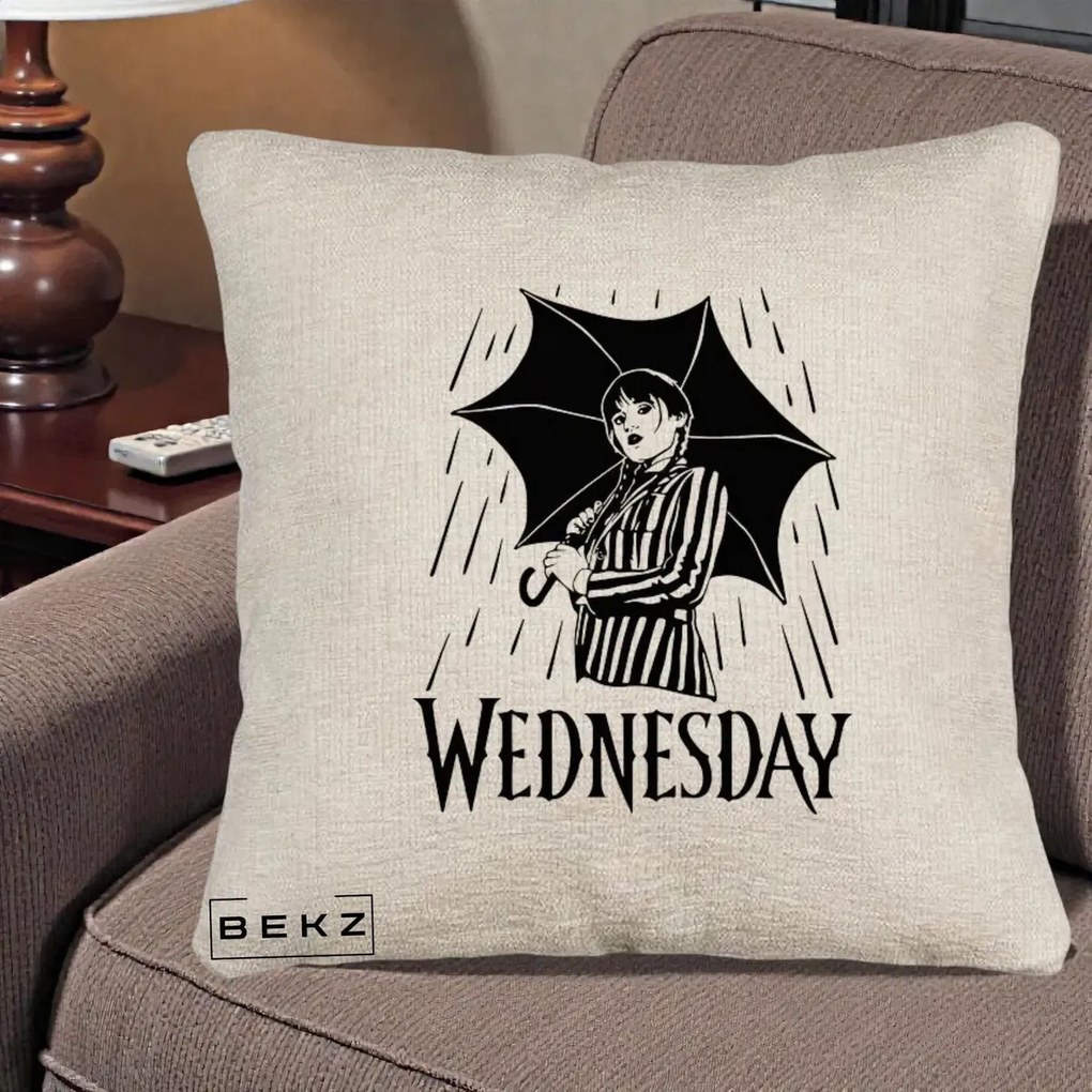Perna Personalizata Wednesday cu Umbrela Ploaie Lineart, 40x40 cm, Bej Canapea, Husa Detasabila, Perna Inclusa, BEKZ®