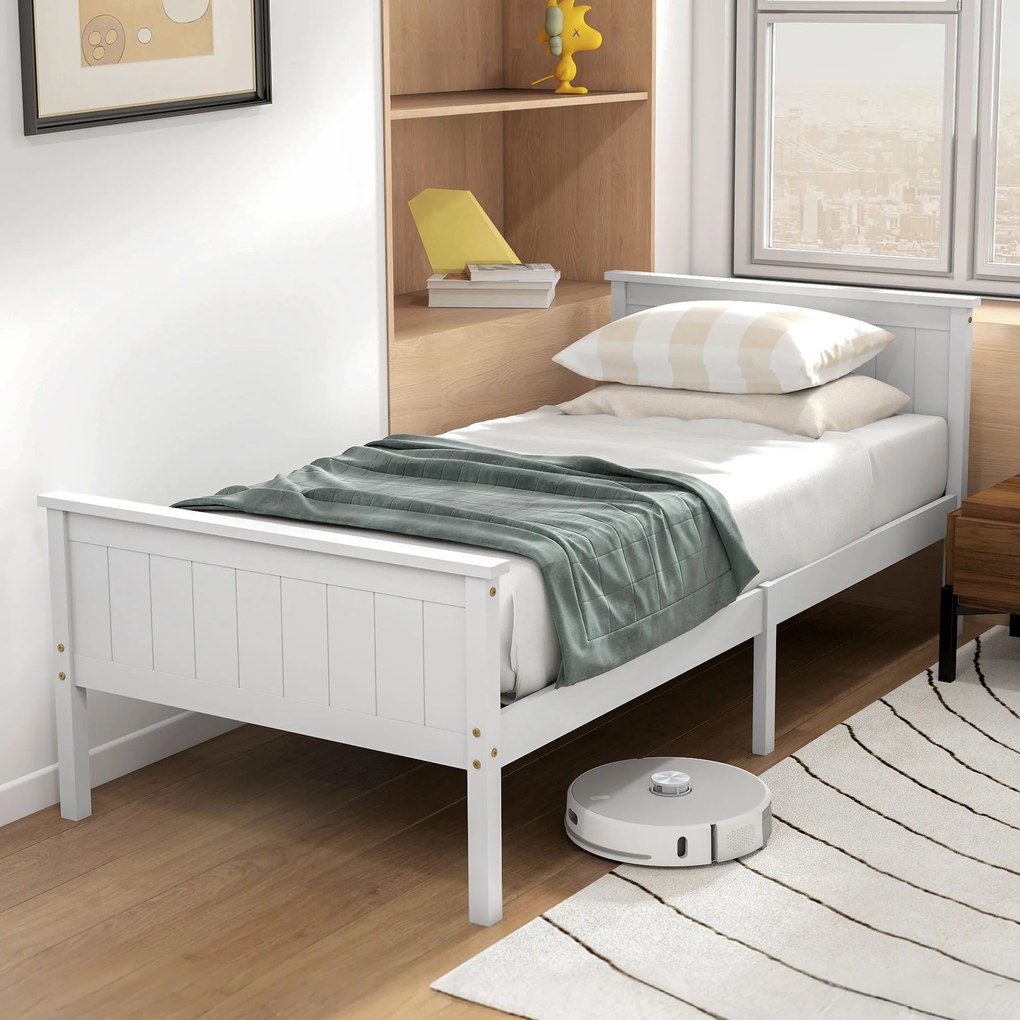 HOMCOM Cadru de pat 90 x 200 cm, pat simplu din lemn masiv cu somieră cu lamele, tăblie și tablie la picioare incluse, asamblare ușoară, alb | Aosom Romania