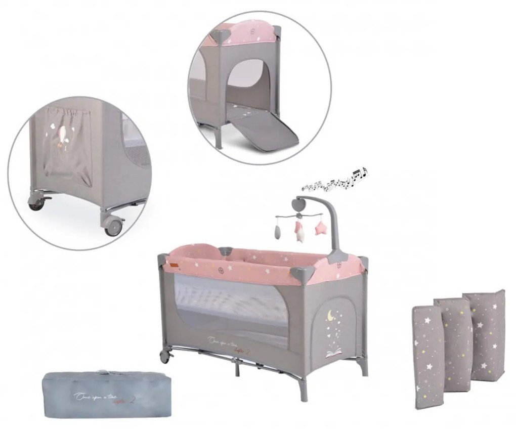 Patut pliant transformabil in tarc copii NOVOKIDS™ Onceuponatime NEST, 62X125 cm, 2 Niveluri, Jucarie Carusel muzical, Fermoar acces lateral, Roz cu