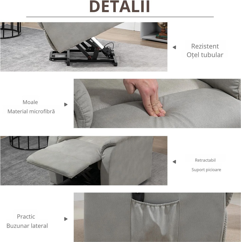 HOMCOM Fotoliu cu Ridicare Electrică și Rabatabil la 150° cu Telecomandă și Suport pentru Picioare, 75x93x110 cm, Gri | Aosom Romania