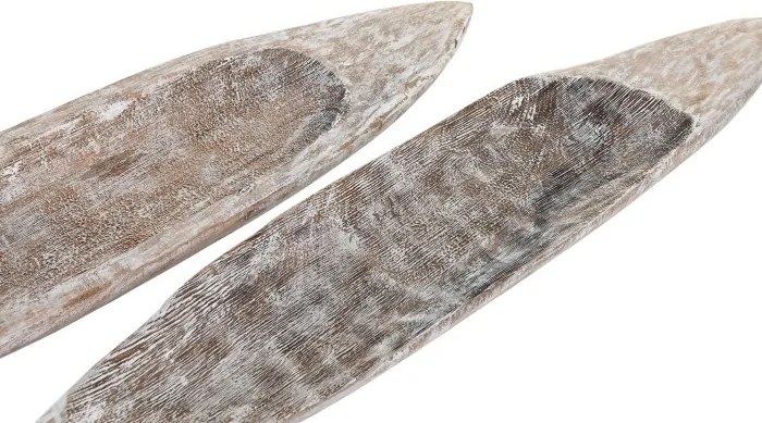Set 2 platouri decorative din lemn masiv de mango în formă de pește, finisaj antichizat alb, 74×12×4,5 cm, „Pez"