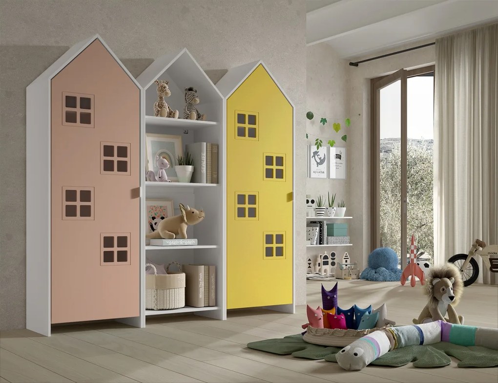 Set 3 dulapuri pentru copii Casami tip colibă de plajă – 1 deschis, 1 cu ușă Roz Confortabil și 1 cu ușă Galben Strălucitor – Vipack