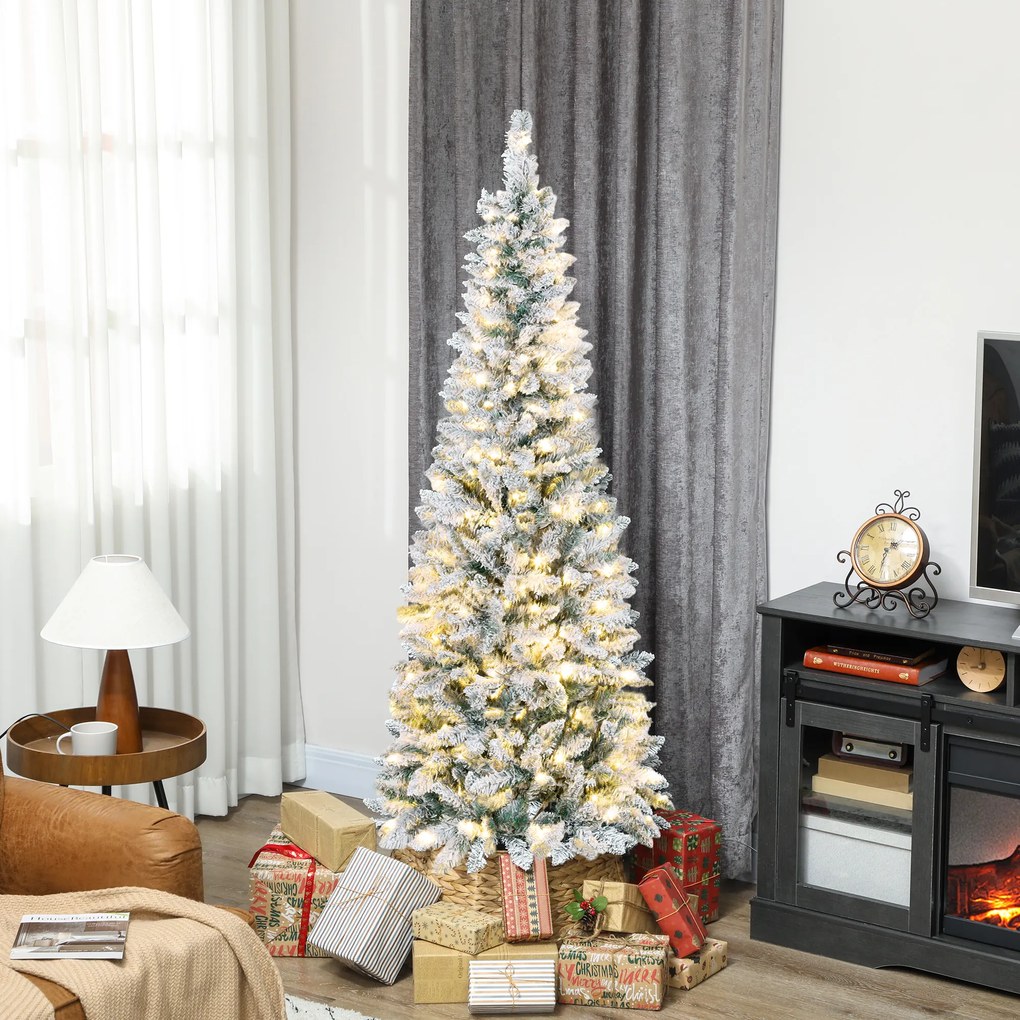 HOMCOM Brad de Crăciun Înzăpezit cu 180 de Lumini LED cu 11 Efecte și 479 de Ramuri, Ø65x180 cm, Verde și Alb | Aosom Romania