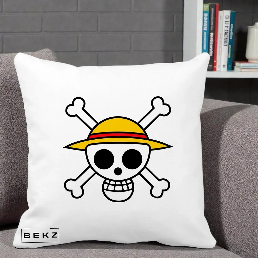 Perna Personalizata One Piece Jolly Roger Straw Hat Pirates, 40x40 cm, Alba Mata, Husa Detasabila, Perna Inclusa, BEKZ®