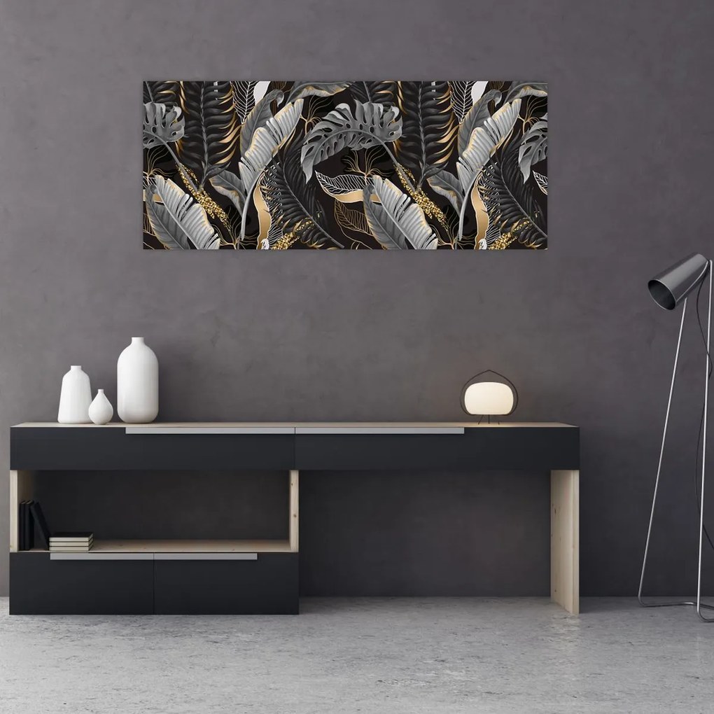 Tablou - Frunze tropicale, Galben - auriu (120x50 cm)