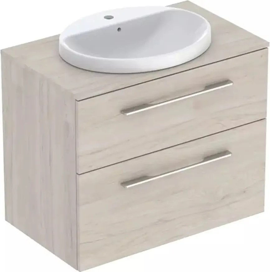 Set dulap baza suspendat Geberit Selnova Square finisaj nuc american Hickory deschis 2 sertare si lavoar 80 cm