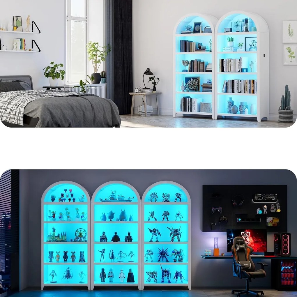 DUA206 - Vitrina LED 75cm, Dulap SMART, rotund pentru birou, Biblioteca Living, Rafturi Dormitor, Dining, Hol - Alb / Negru / Maro