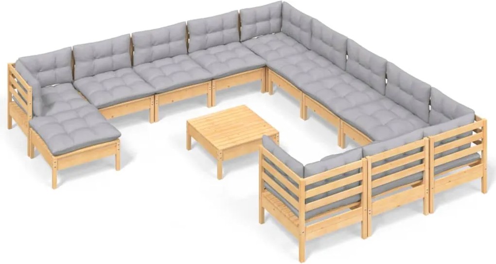 vidaXL Set mobilier grădină cu perne, 13 piese, gri, lemn de pin