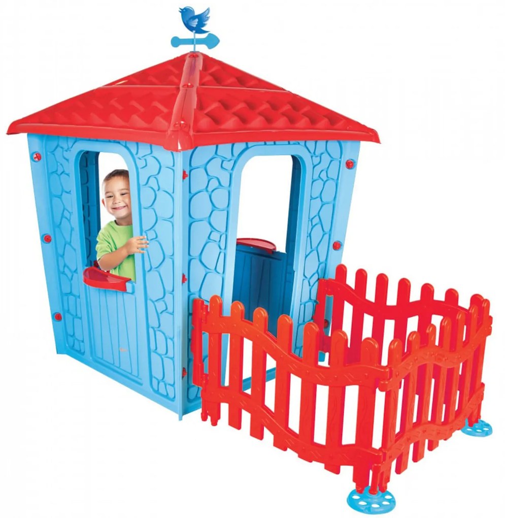 Casuta Copii cu Gard NOVOKIDS™ Stone House , Pentru casa si gradina, 179x114x151 cm, Ferestre si usa mobile, Plastic aditivat rezistent la lumina,