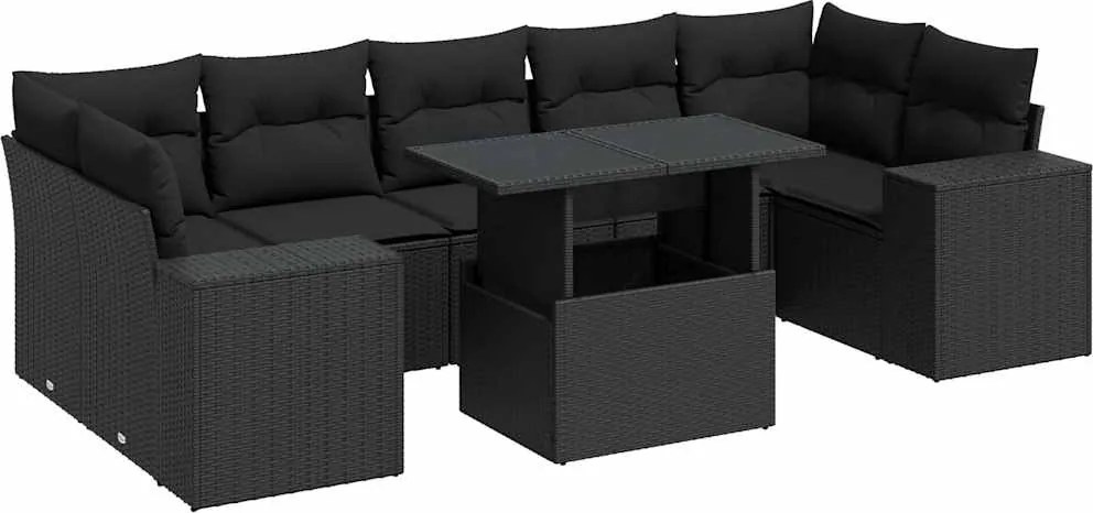 vidaXL Set mobilier de grădină cu perne, 8 piese, negru, poliratan
