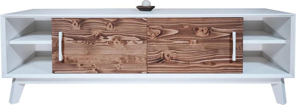 Comodă TV lemn masiv alb Timeless 2 Uși culisante 2 Nișe, 146 × 40 × 48 cm