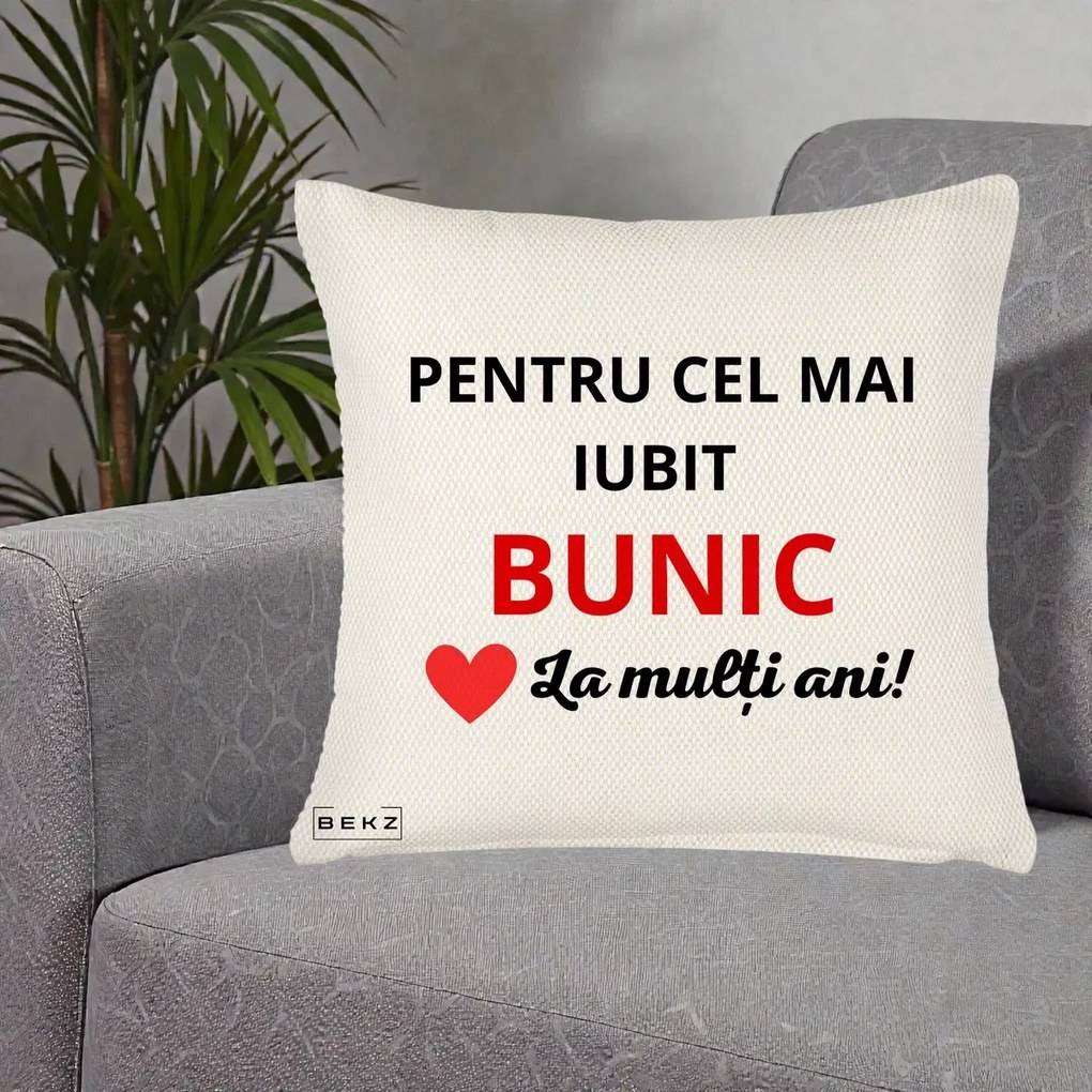 Cadou pentru Bunic - Perna Personalizata Pentru Cel Mai Iubit Bunic La Multi Ani Rosu, 40x40 cm, Crem Reliefat, Husa Detasabila, Perna Inclusa, BEKZ®