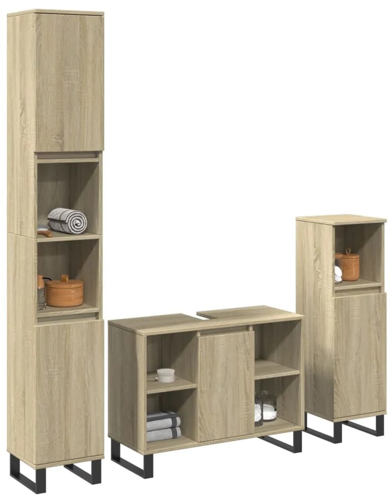 3307681 vidaXL Set mobilier de baie, 3 piese, stejar sonoma, lemn prelucrat