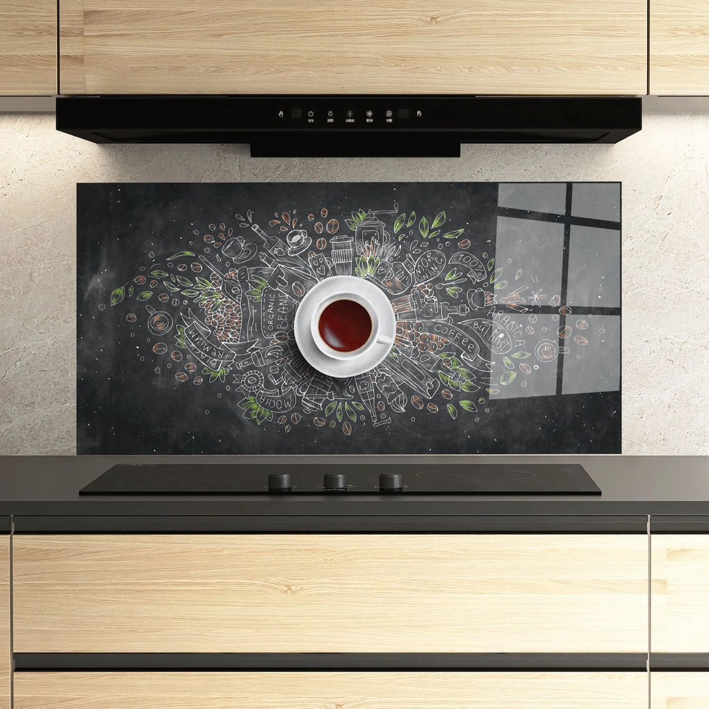 Panou Sticla Bucatarie, 60x150cm, Protectie aragaz, Antistropi, Termorezistent, Alimente, Cafea, Black Board Coffee