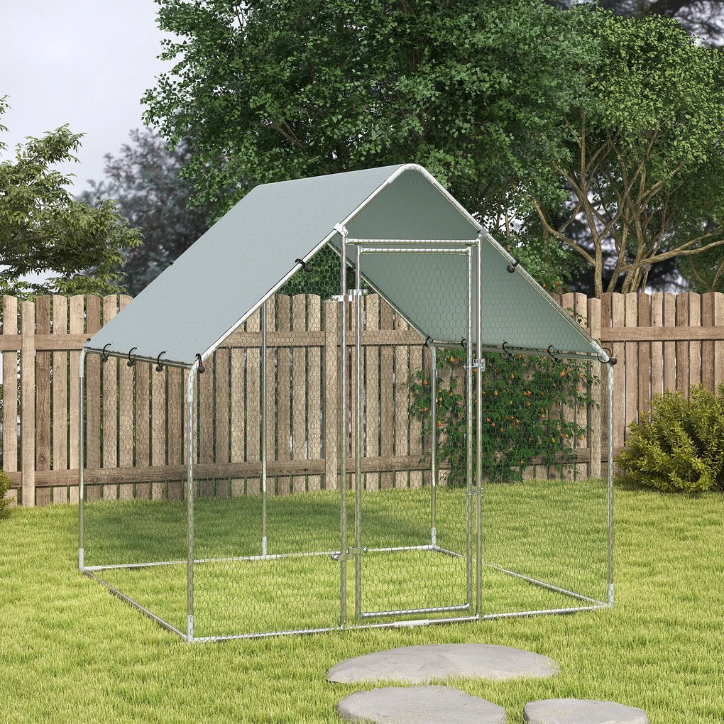PawHut Coteț pentru Găini de Exterior, 2x2x2m 4 m² Țarc pentru Găini din Oțel Galvanizat cu Acoperiș Impermeabil Anti-UV și Încuietoare, Adăpost pentru 4-6 Găini, Animale Mici, Iepuri și Rațe | Aosom Romania