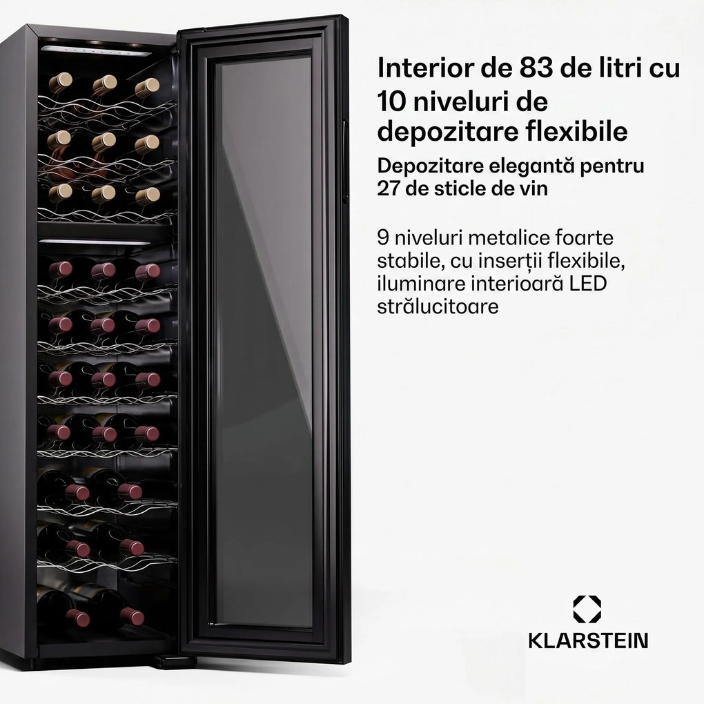 Klarstein Shiraz 27 Duo, frigider pentru vin, 2 zone, 83 l / 27 sticle, 5-18 / 5-18 °C, control tactil