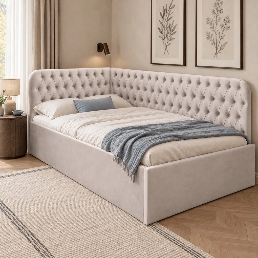 Pat tapițat pentru copii din catifea Elyra 140×200 cm, crem, colț dreapta, cu ladă de depozitare
