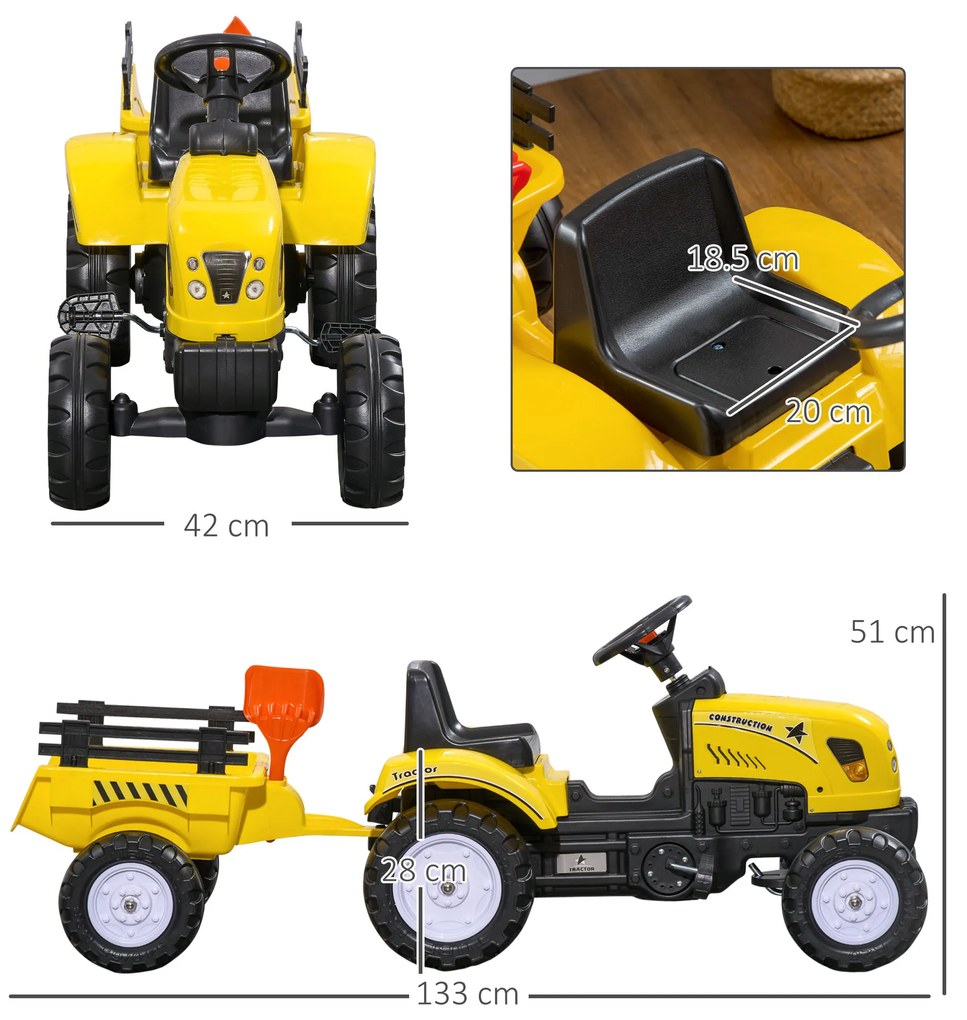 HOMCOM Tractor de Pedalat pentru Copii de 3+ Ani cu Remorcă, Greblă, Lopată și Claxon, 133x42x51 cm, Galben | Aosom Romania