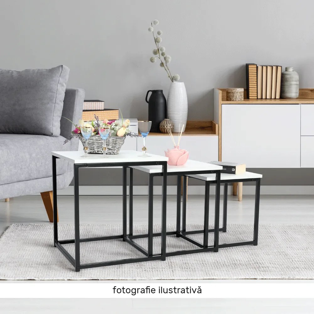 Set 3 masute de cafea, alb mat/negru, KASTLER NEW TYP 3