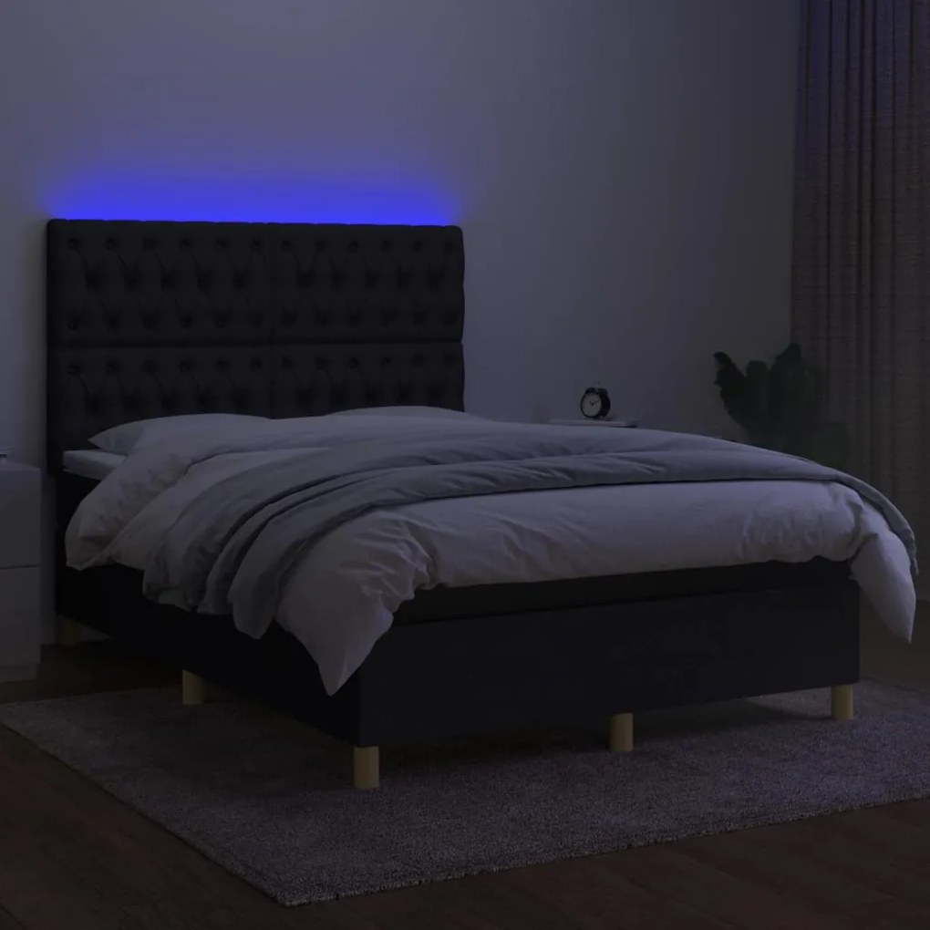 Pat cu arcuri, saltea si LED, negru, 140x200 cm, textil Negru, 140 x 200 cm, Design cu nasturi