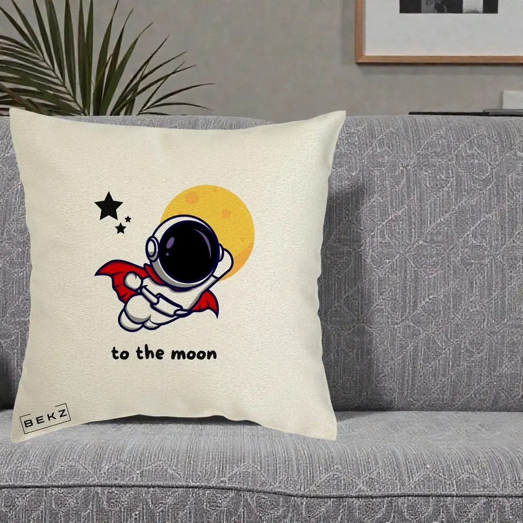 Perna Decorativa Astronaut To The Moon, 40x40 cm, Ecru, Husa Detasabila, Perna Inclusa, BEKZ®