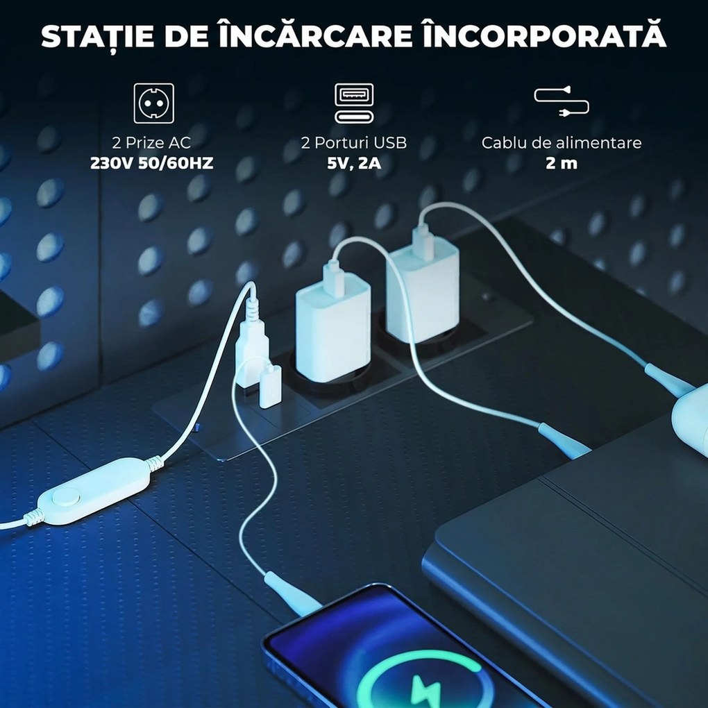HOMCOM Birou Gaming Reversibil în L cu LED, 114,5x82 cm Birou Colțar cu Prize Electrice, Suport pentru Monitor și Rafturi Reglabile din Rețea, Stație Gaming pentru Acasă, Birou sau Studiu, Negru | Aosom Romania