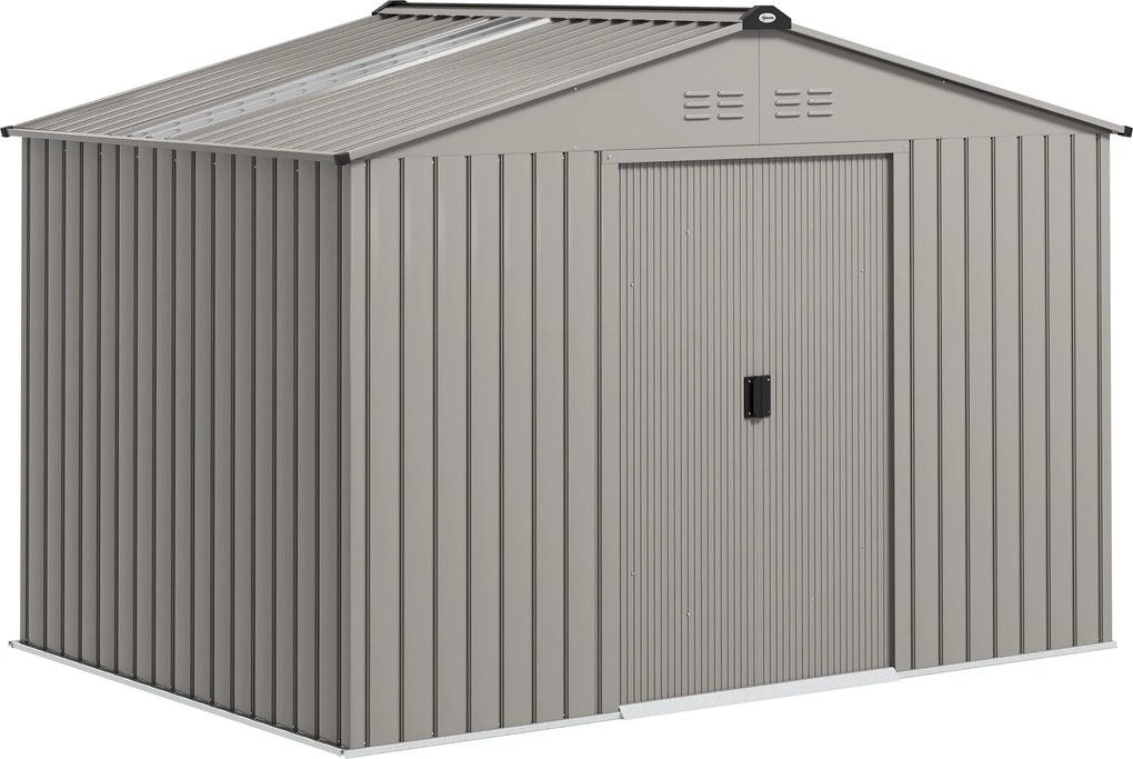 Outsunny Magazie de Grădină 4,9 m² 277x195x192 cm cu 2 Uși Culisante, Acoperiș Înclinat și 4 Grile de Ventilație, Gri Argintiu | Aosom Romania