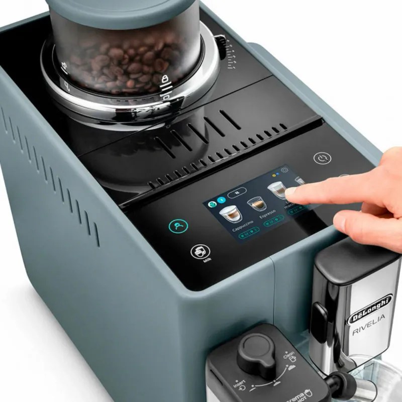 Espressor automat DeLonghi Rivelia Pebble Grey EXAM440.55.G, 1450W, 19 bar, 1.4l, Touchscreen TFT, Twin Shot, Boabe de Cafea, 16 bauturi, Gri