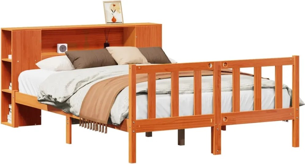 vidaXL Pat cu bibliotecă fără saltea maro 160x200 cm lemn masiv de pin