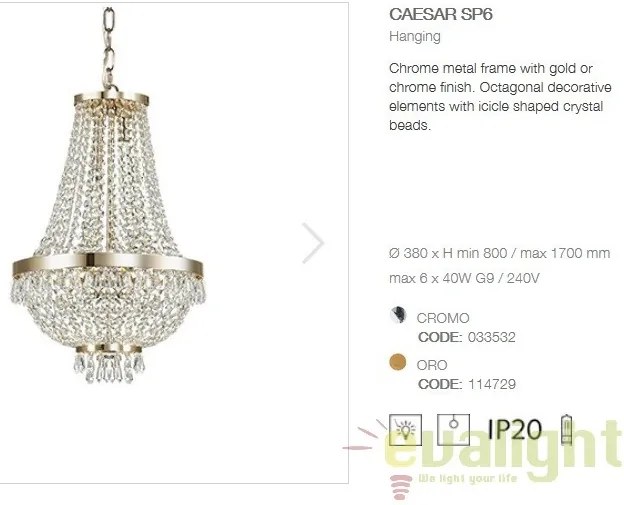 Lustra, Pendul cristal, inaltime reglabila, diam.38cm, CAESAR SP6 ORO 114729