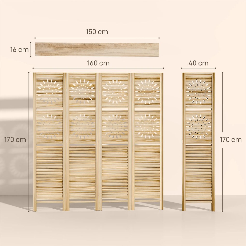 HOMCOM Paravan interior 4 panouri și 3 rafturi, 160 x 170 cm, separator de cameră pliabil, lemn de paulownia, lemn natural | Aosom Romania