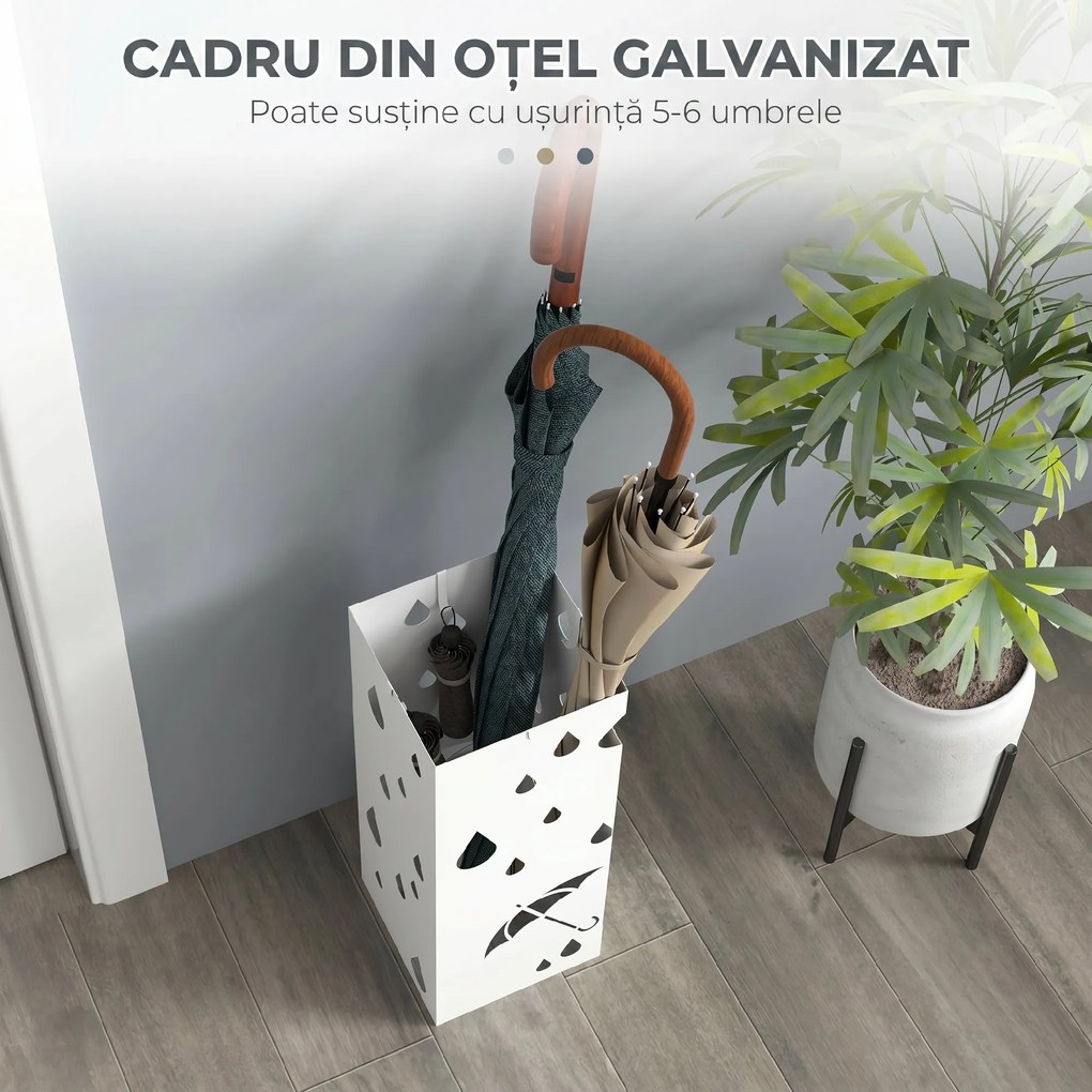 HOMCOM Suport pentru Umbrele din Metal cu 4 Cârlige, Suport pentru Umbrele cu Design Modern, 15,5x15,5x41 cm, Alb | Aosom Romania