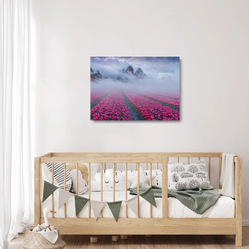 Tablou pe sticlă - Peisaj cu câmpuri de lalele (70x50 cm)